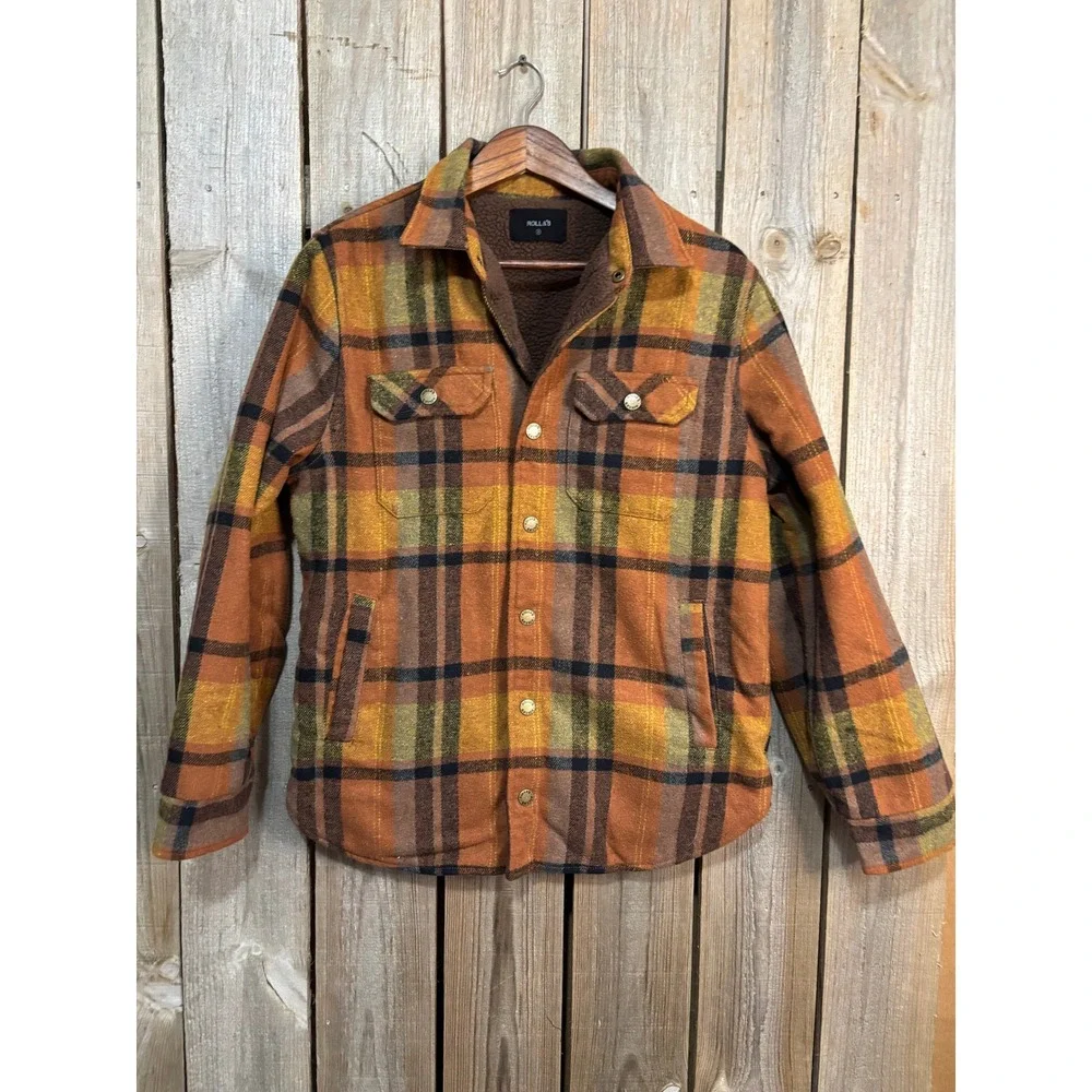 Rollas Mens Sherpa Lined Plaid Flannel‎ Shirt Jacket Orange Yellow Brown Small